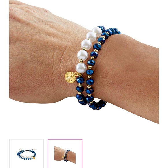 Saint Benedict gold medal Elegant double Blue Bead and pearl Bracelet women nwt - Picture 2 of 2